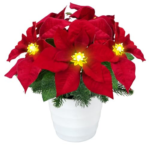 HO2NLE Beleuchtete Weihnachtssterne Blumen Künstliche Weihnachtssterne Pflanzen im Topf Seide Fake Poinsettias Arrangements mit Kiefernneddel