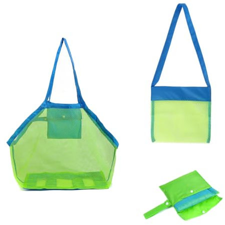 ZKSXOA Strandtasche Strandspielzeug Tasche XXL Groß für Sandspielzeug Wasserspielzeug für Kinder Aufräumsack Spielsack Badetasche Beachbag Faltbar für Familie Urlaub (Grün Mesh/Blau Strap)