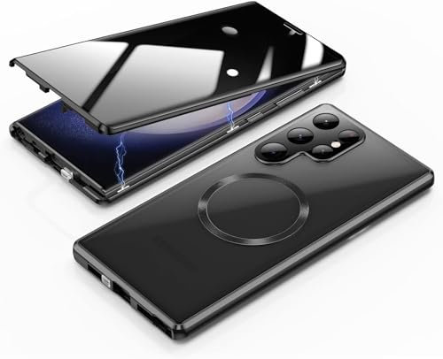 MEIQIBAO Hülle für Samsung Gala S23 Ultra 5G(6.8) Magnetische Adsorption Metall Stoßstange mit 360 Grad Schutz Ultra Dünn Transparent Gehärtetes Glas Unterstützt drahtloses Laden,Black