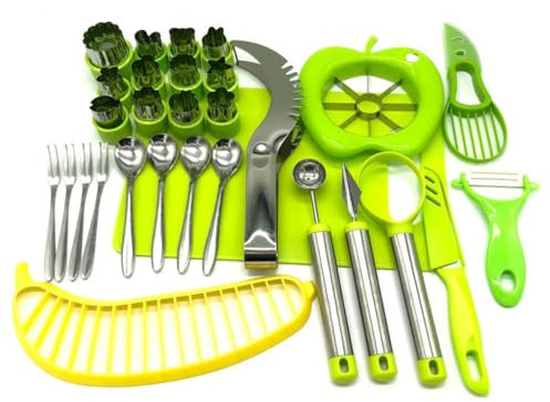 Genérico Juego de Cortadores Frutas y Verduras (30 Piezas): Melon Baller Scoop, Cortadora de Sandía, Pelador de Aguacate, Moldes para Cortar Fruta, Verdura, Mini Tartas y Galletas