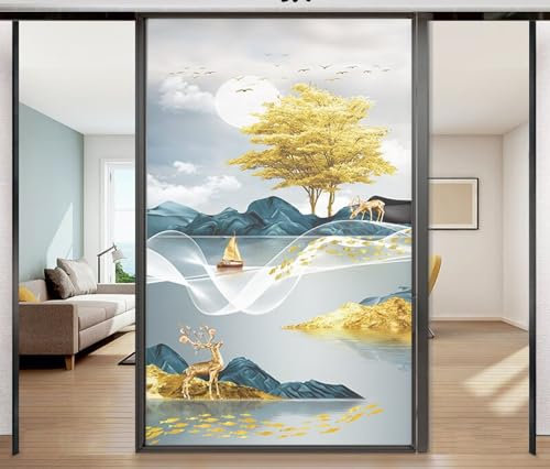 Window Film Privacy Blue Boat Stream Privacy Film for Glass Windows Frosted Window Film Stained Glass Window Film for Home Balcony Office Window Stickers Privacy Window Film 80x200cm