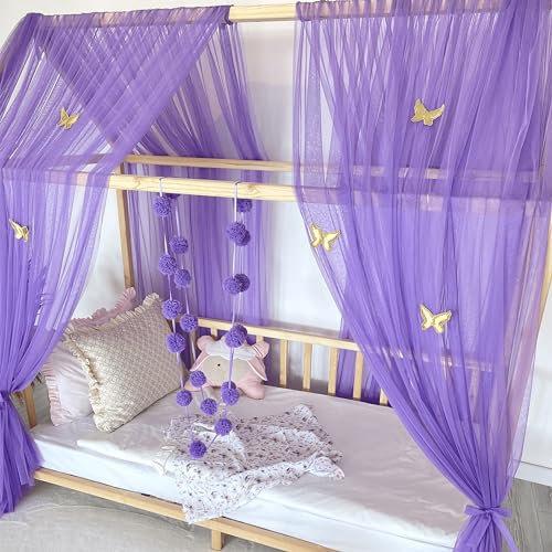 Baby Fancyroom Hausbett Himmel lila Betthimmel Deko Set Kinderzimmer Kinderbett Baldachin Pompongirlande aus Premium Tüll für Hausbetten (340cm, mit 5 goldenen Schmetterlingen)