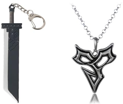 JinYu Cloud Buster Schwert Metall-Schlüsselanhänger und FFX Tidus Anhänger Halskette und 10 Stück Aufkleber Schmuck Geschenke, Zink, Kein Edelstein