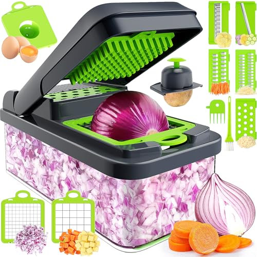 MealHelper Picador de verduras 11 en 1, picador de verduras de 7 cuchillas, práctico cortador de alimentos con contenedor, rallador de queso, artículos esenciales para el hogar y utensilios de cocina