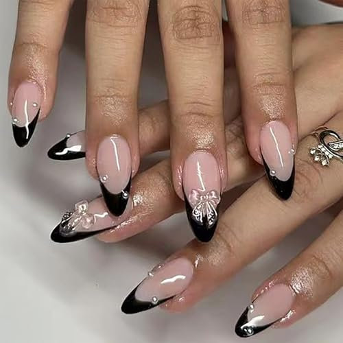 NATOSU Lot de 24 faux ongles à presser - Taille moyenne - Noir nacré - 3D - Manucure des doigts pour femmes et filles