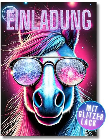 HIDEBLOOM GLITZER Pferd Einladungskarten Kindergeburtstag Mädchen I 12 Stück I DIN A6 (10,5 cm x 14,8 cm) I Einladung Geburtstag Pferde I Geburtstagseinladungen Kinder Pferd mit Sonnenbrille