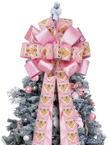 Joeoy Pink Christmas Tree Topper Bow, 53x 13 Large Handmade Decorative Bows with Burlap Glitter Wired Ribbon Long Streamer for Home Christmas Decoration