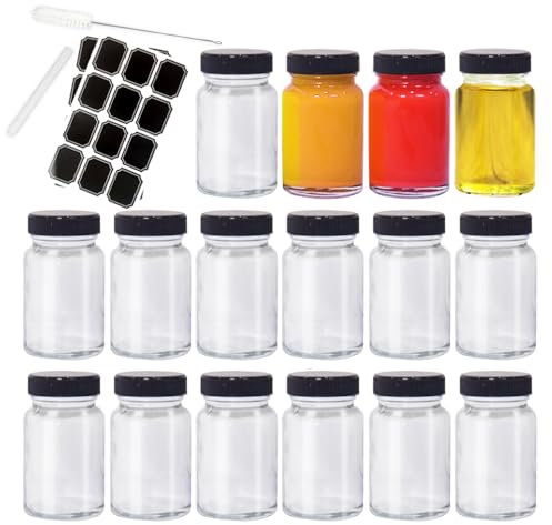 BiBOTLSFLY 2oz 16 Pack Glass Shot Bottles with Black Lids, Leakproof Small Glass Bottles Clear Jars Travel Essentials Mini Bottles for Ginger, Wellness Shot, Juice, Oils, Sauce, Sample