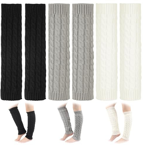 JIZZU 3 Pair Leg Warmers for Women Girls, Winter Knitted Leg Warmers Ladies, Fashion Leg Warmer for 80s Y2k Ballet Dance Ice Skating Yoga Party (Black/White/Grey)