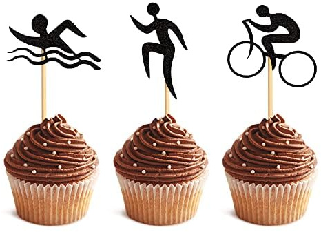 Blumomon 24 Stück Schwimmen Fahrrad Run Cupcake Toppers Schwarz Pailletten Triathlon Cupcake Picks Sport Thema Cupcake Topper Baby Shower Geburtstag Thema Sport Party Kuchen Dekoration