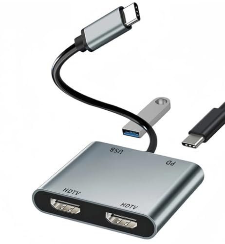USB C to Dual HDMI Adapter 4K@60Hz, USB C Multiport Adapter with 2 HDMI, USB3.0, PD 100W, USB C to HDMI Splitter Compatible with MacBook Pro, iPhone 16 15, etc