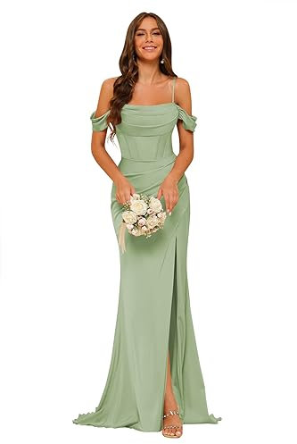 kopptioo Cowl Neck Bridesmaid Dress Satin Mermaid Corset Prom Dresses Long with Slit Ruched Formal Party Evening Gowns Sage Size UK8
