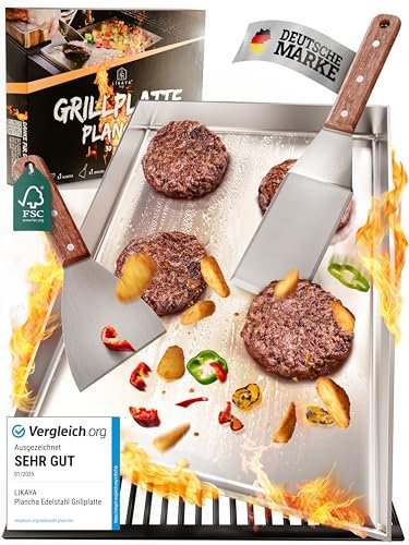 Plancha Grillplatte [OHNE LOCH 30x40cm] mit 2x Grillspachtel mit FSC-Akazienholzgriff Grillzubehör | Verzugsfreier Edelstahl | Plancha Gasgrill Kohlegrill | Geschlossene Ecken ohne Auslaufen - LIKAYA
