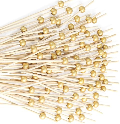 100 Pcs Cocktail Picks, 12 CM Toothpicks for Appetizers, Bamboo Cocktail Sticks Skewers for Drinks, Desserts, Charcuterie, Wedding Party Fancy Toothpicks, Gold Pearl Mini Food Picks Decorative