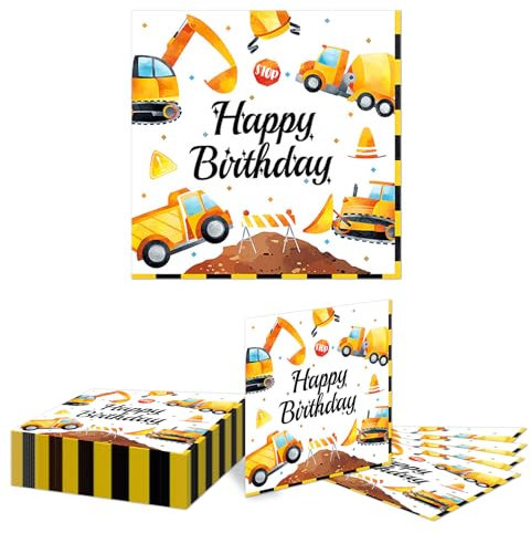 Kotkiddy 40 Stück Servietten für Baustelle, Kindergeburtstag Tischdeko mit Bagger, Traktor, Baufahrzeug, Bulldozer, Radlader - 33 x 33 cm