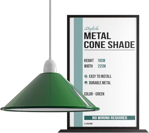 LEDSone Green Industrial Metal Lamp Shade 22cm Wide, 8cm Height,Vintage Cone Pendant Light Cover, Modern Retro Ceiling Lighting for Kitchen, Dining Room Easy Fit Light Shade