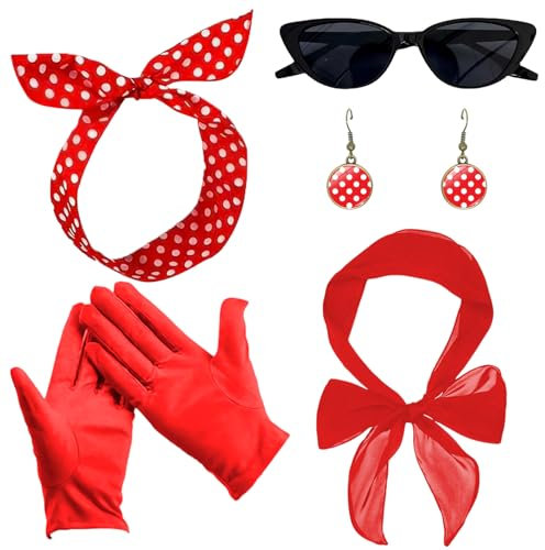 5 Stück Rockabilly Accessoires 50er Jahre, 50er Jahre Damen Kleid Zubehör, Schal, Sonnenbrille, Handschuhe, Polka Dots Stirnband, Ohrstecker, 1950s Kostüm Set für Karneval Retro Fasching Mottoparty