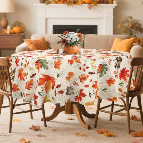 Arquiel Ahornblatt Tischdecke Runden, Orange Tischtuch Abwaschbar Vintage Erntedankfest Tischdecken für Party Picknick Herbst Abendessen Dekor(180 x 180 cm)