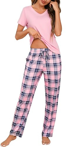 Bresdk Pigiama Donna Cotone Manica Corta Pigiami Due Pezzi da Donna Leggero Maglietta Manica Corta e Pantaloni Lunghi a Quadri Comodo e Morbido S-3XL