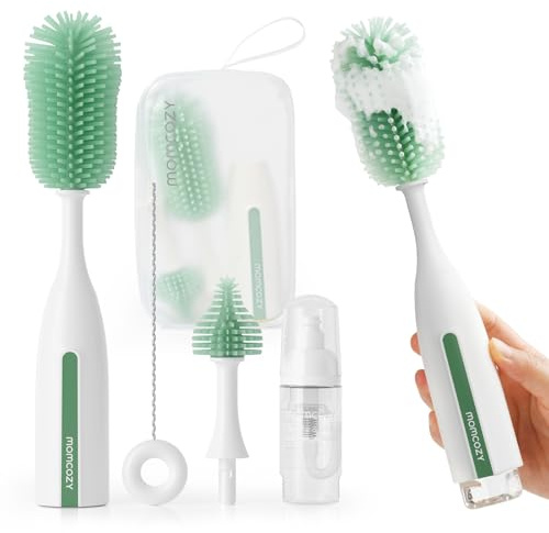 Momcozy Bottle Brush Kit Pro, Innovative Push-Press Design for Deep Cleaning - Bottle Cleaner Brush for Bottle/Breast Pumps/Nipple - Clog-Free Brush & Foam-Generating Design for Better Cleaning, Green
