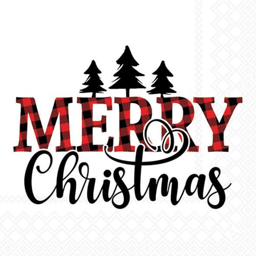 Servietten Papier 33x33cm 3-lagig 20 Stück - hochwertig & nachhaltig - Einweg Papierservietten mit Merry Christmas Schriftzug & Tannen Motiv - rot schwarz kariert - Weihnachtsservietten