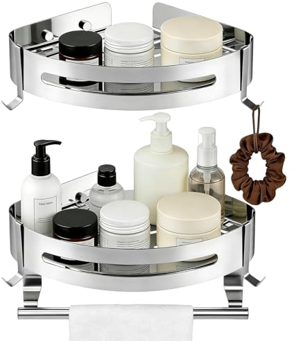 msymsyu 2 Stück Bad Eckregal Edelstahl Eckregal Bad Ohne Bohren Mit 36CM Handtuchhalter Bathroom Shelf no Drill Duschablage Ohnebohren Silber Regal Dusche Ohnebohren für Aufbewahrung Badezimmerartikel