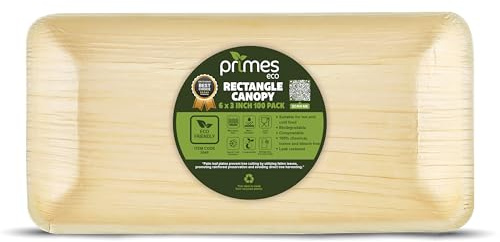 PRIMES ECO 100pcs Disposable Palm Leaf Rectangle Canopy 6 x 3 Inch – Strong Areca Palm Plates for Canapés, Starters & Catering – Natural Look Serving Trays for Parties & Events