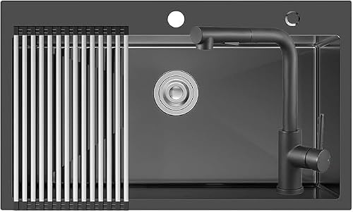 CECIPA Fregadero Cocina 1 Seno 70x45 cm Antracita Grifo Cocina SET | Fregadero Cocina acero inoxidable un solo seno manual para encimera, antracita