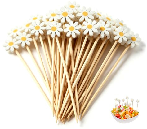HMCEY 100 Piezas Palillos de Cóctel 12 CM,Palillos para Aperitivos de Bambú con Crisantemo, Brochetas Decorativas para Pinchos,Palitos para Brochetas de Frutas para Cumpleaños, Fiesta, Hamburguesas