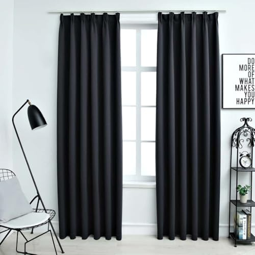 Blackout Curtains with Hooks, Pack of 2, Black, 140 x 245 cm, Opaque, Insulating, Thermal Curtains for Living Room, Bedroom, Children's Room with Privacy Screen and Scarf, Darkening, Soundproofing