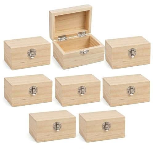 8 Pack Natural Pine Wooden Storage Boxes | Small 12cm Solid Wood Keepsake Chests | Craft, Jewellery & Trinket Organiser | Blank Paintable Gift Boxes | Durable Home & Office Storage Set