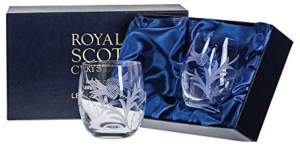 Royal Scot Crystal Flower of Scotland Hand Cut Glass Whisky Barrel Tumbler Set of 2 in Presentation Box 9oz - FOSMB2WH
