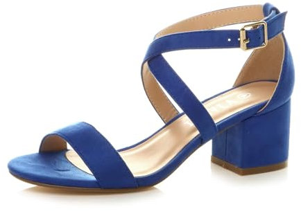 Ajvani Womens Ladies mid Low Block Heel Cross Straps Party Strappy Sandals, Cobalt Blue Suede, 4 UK