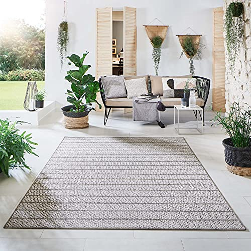 Steffensmeier Indoor Outdoor Teppich Öland Balkon Terrasse Küche Garten wasserfest Kunststoff, strapazierfähig, Streifen Braun Beige, 80x150 cm