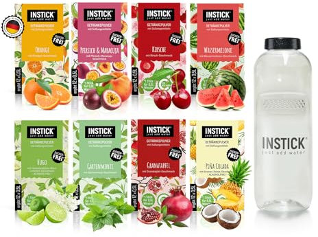 INSTICK Zuckerfreies Instant-Getränk (Bundle S Kassik + Tritan Trinkflasche 1 L) 8x12 Sticks - 1 Stick für 0,5-1 L - Veganes Getränkepulver Kalorienarm & Vitamin C - Instant-Pulver