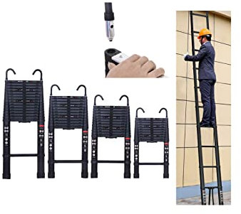 3,8m Teleskopleiter Schwarz, Mehrzweckleiter Aluminium, 150 kg/330 Pfund Belastbarkeit, Ausziehleiter für Dachboden, Kletterdach, Büronutzung, Baujob
