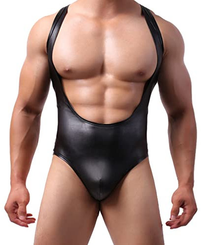 Herren Sexy Mankini Lack Wetlook Bodysuit Einteiler Erotik Dessous Unterwäsche Overall Männer String Tanga Weste Wrestling Unterhemd Leopard Catsuit Ouvert Jumpsuit Nachtwäsche (XXL,Schwarz)