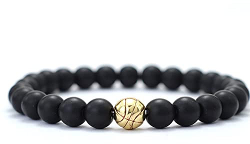 LCDIUDIU Chakra Armband,8Mm Naturstein Schwarz Onxy Kristall Armband Paar Golden Basketball Charme Stretch Perlen Sport Armband Energie Edelsteine ​​Perlen Armreif Schmuck Für Männer Frauen Geschenk