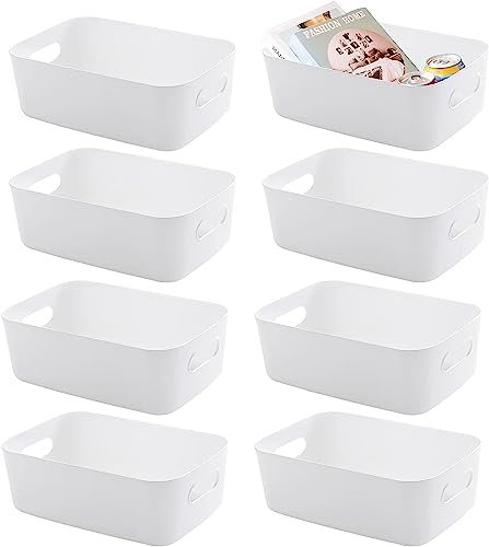 MIVIDE 8 Stück Aufbewahrungskorb Kunststoff mit Griff, Aufbewahrungsbox Kunststoff Weiß, Küchenschrank Organizer Box für Küche, Badezimmer, Büro