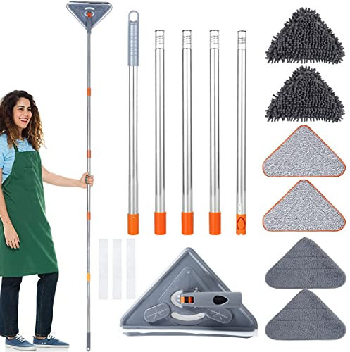 Triangle Cleaning Mop Adjustable Extendable 85inch Long Handle Wall Cleaning Mop Retractable Microfiber Dry Wet Floor Dust Cleaner with 6 Mop Head for Home Hard Wood Floor Window Car(Color A)