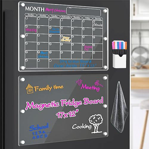 Vignee Acrylic Magnetic Dry Erase Board Calendar for Fridge,2 Set of Clear Dry Erase Calendar for Fridge Reusable Planner,Includes 8 Dry Erase Markers with 4 Colors(17x12Inches)