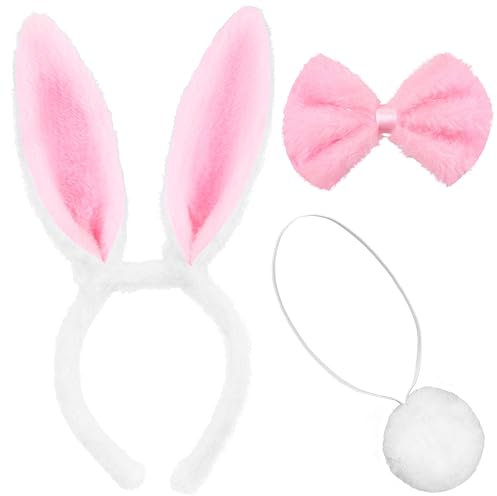 Balinco Hase Kostüm Damen Sexy, Hasenkostüm Frauen, Bunny Girl Cosplay, Hasen Verkleidung, Kaninchen, Hasenohren, Hasenschwanz Puschel, Fliege, Halloween, Karneval, Weiß Pink