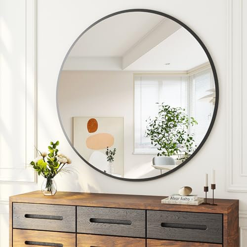 Boromal Spiegel Rund, 70cm Spiegel Schwarz Rahmen Badspiegel Rund Badezimmerspiegel Rund Wandspiegel Spiegel Morden Dekorative Runder Spiegel für Badezimmer, Waschräume, Schlafzimmer, Gäste WC
