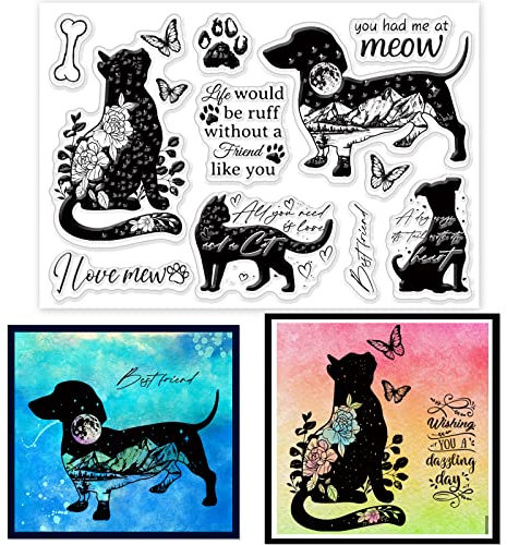 GLOBLELAND Hunde Katzen Silhouette Silikonstempel Schwarze Katze Transparente Stempel Segenstext Klare Stamps Für Karten Herstellung DIY Scrapbooking Basteln