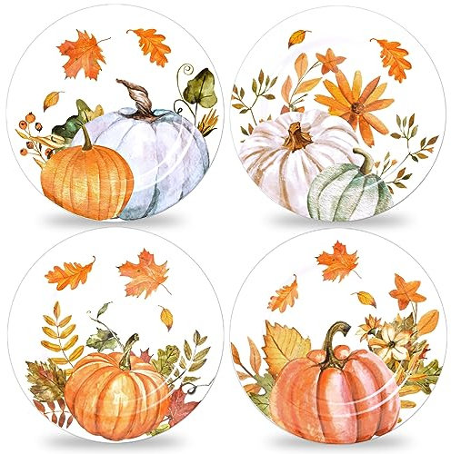 AnyDesign 4pc Fall Thanksgiving Dinner Plates Set, Watercolor Pumpkin Leaves Plastic Plates, 10 Round, Reusable