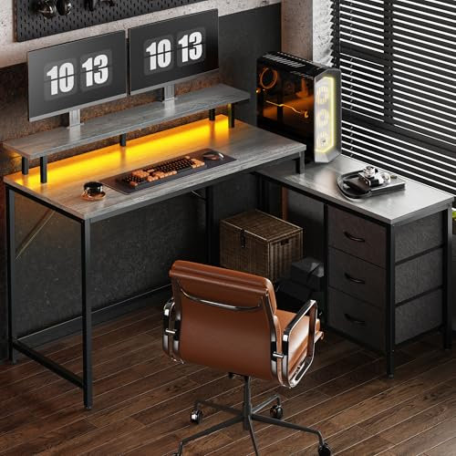 Huuger Reversible L Shaped Computer Desk with Drawers, Gaming Desk with LED Lights and Power Outlets, Office Desk with Storage Shelves, Corner Desk with Monitor Stand, for Home & Office, Gray