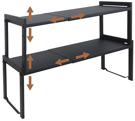 Goodsnetic 2 Packs Expandable Cabinet Shelf 13.8~26(L), Stackable Kitchen Counter Shelf Organizer, 22LBS Heavy Duty Riser, Countertop Storage Pantry Shelf (Black 2 Packs M)