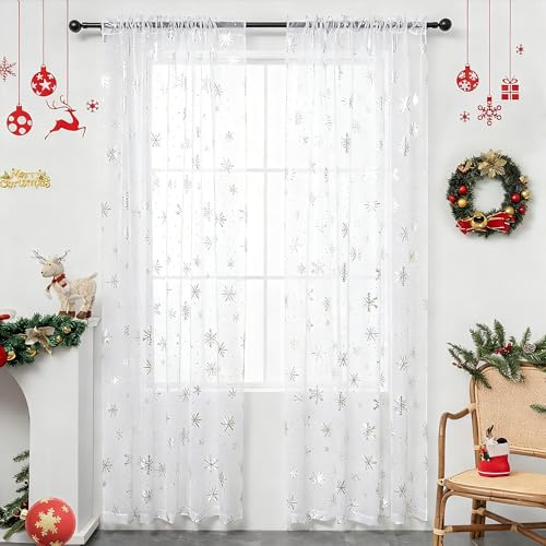 Karseteli Durchsichtige Weihnachtsvorhänge für Wohnzimmer, luxuriöse Schneeflocke, Silberfolien-Druck, durchscheinende Vorhänge, Stangentasche, Fenstervorhänge, Dekorationen für Schlafzimmer und