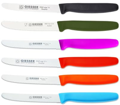 Giesser Messer 6er Set bunt Tomatenmesser Brötchenmesser Allzweckmesser 11cm Wellenschliff 3mm - schwarz olive piink rot orange hellblau