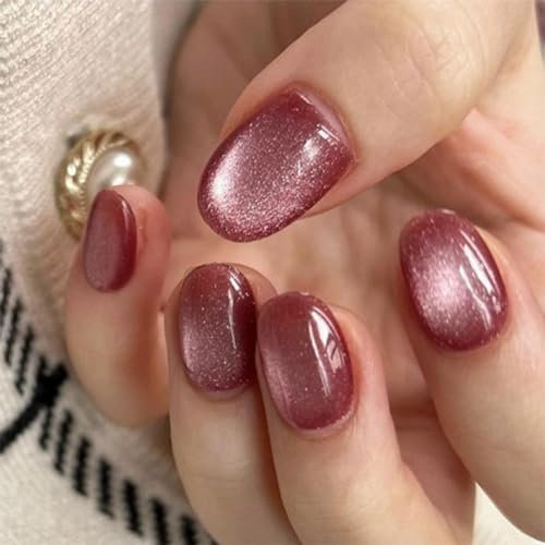 24pcs Short Oval Cat Eye Burgundy Stick-on Nails - Glitter Press-on Full Cover Fake Nails for Women and Girls - Removable Glue-on Nail Art Accessories